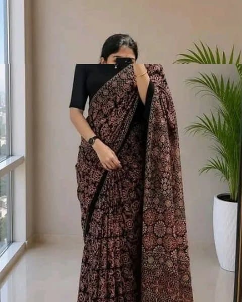Sophisticated Black Ajrakh Hand Block Printed Saree