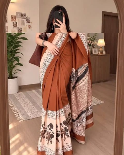 Sophisticated Ajrakh Hand Block Printed Saree, Rust