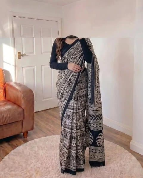 Elegant Black & White Printed Saree with Classic Border