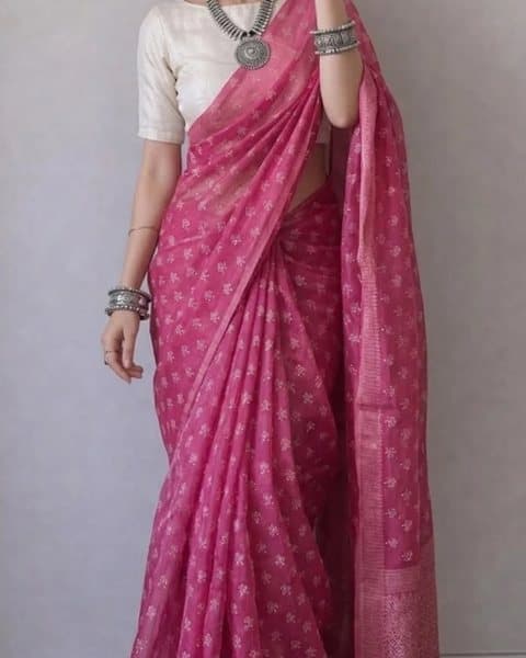 Rose Pink Silk Saree with Woven Butis