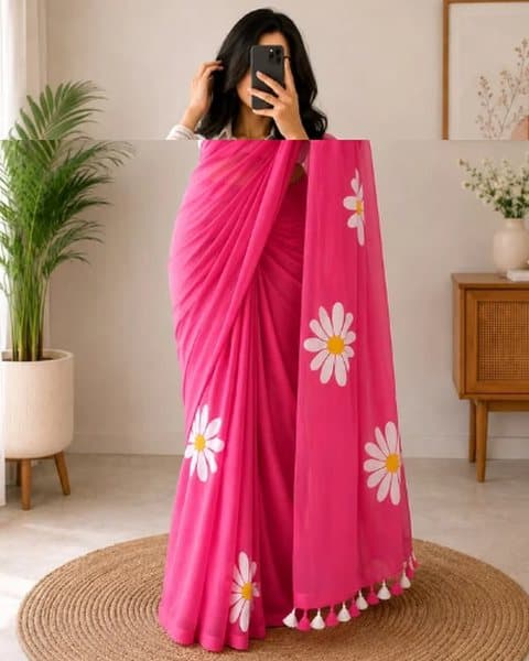Pink Daisy Print Georgette Saree with Tassel Pallu